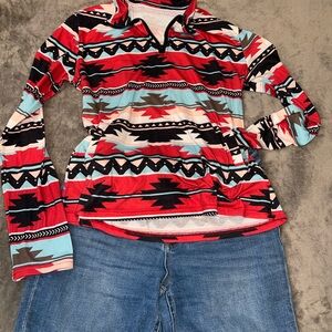 Colorful Patterned Pullover and Jeans